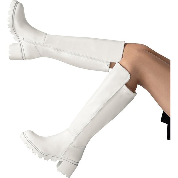 Women's White Knee High Comfortable Platform Heel Round Toe Stretch Boots - Picture 7 of 7